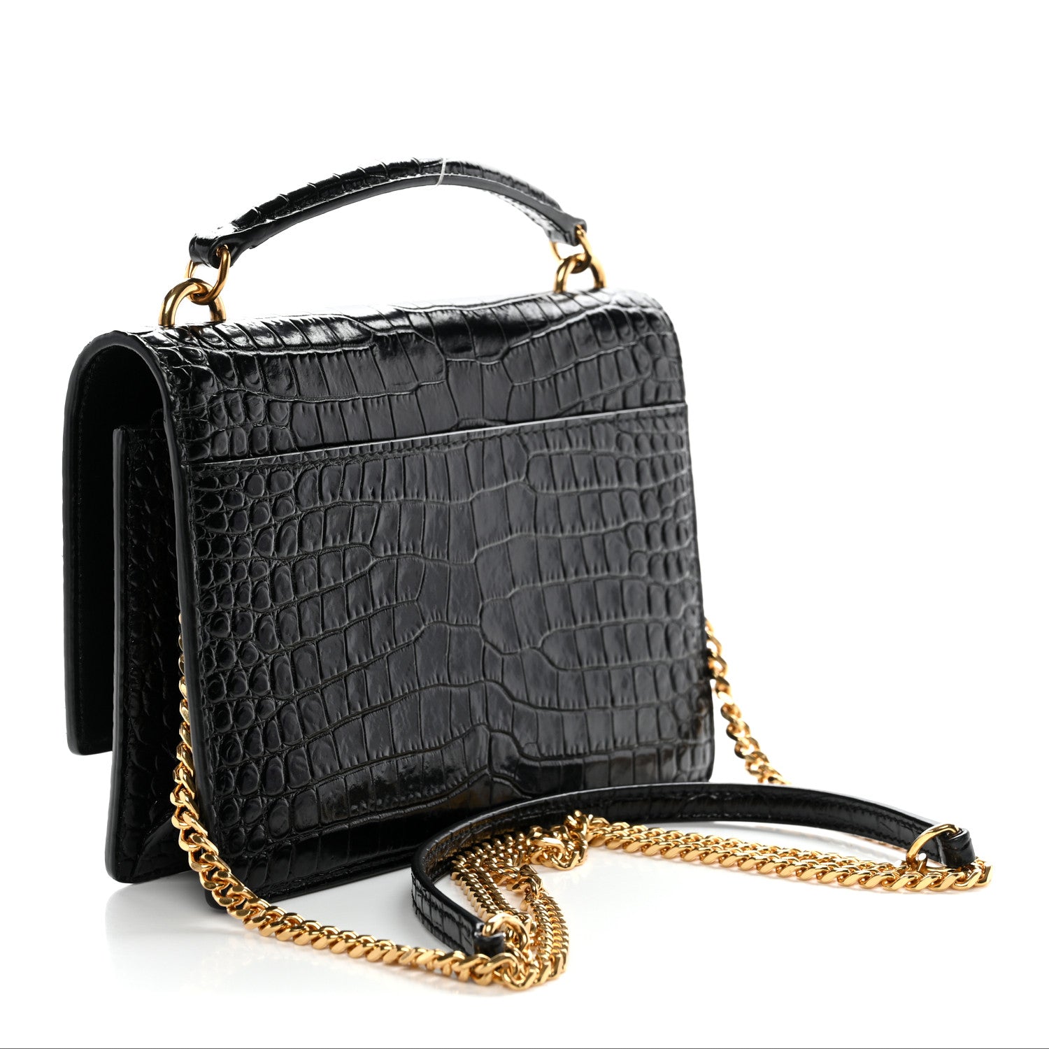 Saint Laurent Calfskin Crocodile Embossed Monogram Sunset Top Handle Chain Wallet Black 3 of 11