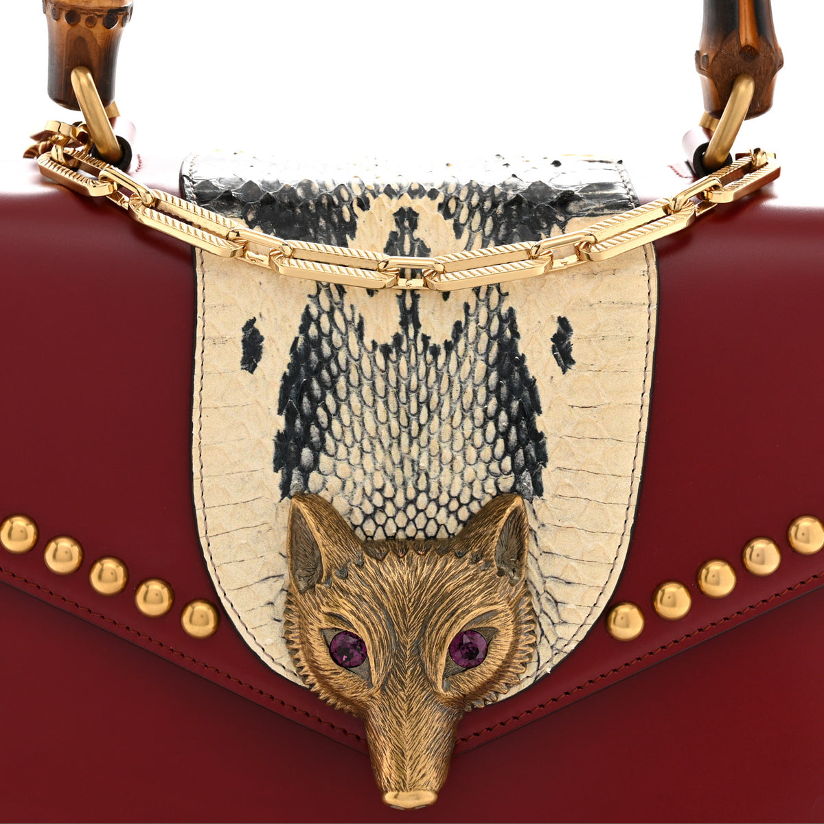 Gucci Glossy Calfskin Snakeskin Studded Fox Broche Bamboo Top Handle Bag Red 8 of 10