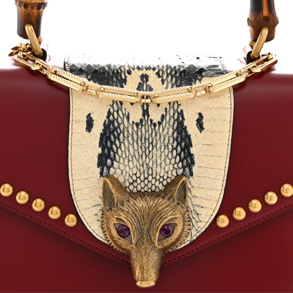 Gucci Glossy Calfskin Snakeskin Studded Fox Broche Bamboo Top Handle Bag Red 8 of 10