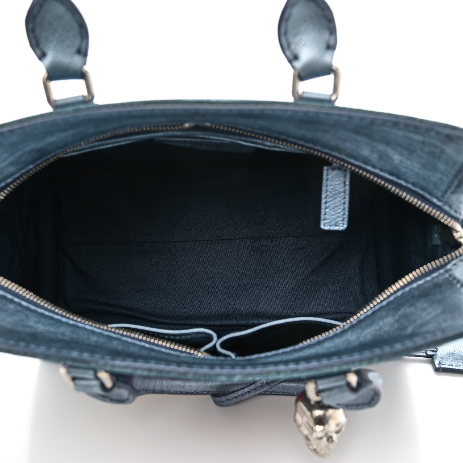 Alexander McQueen Denim Floral Embroidered Small Skull Padlock Zip Around Tote Blue Multicolor 5 of 10