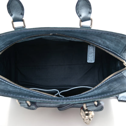 Alexander McQueen Denim Floral Embroidered Small Skull Padlock Zip Around Tote Blue Multicolor 5 of 10