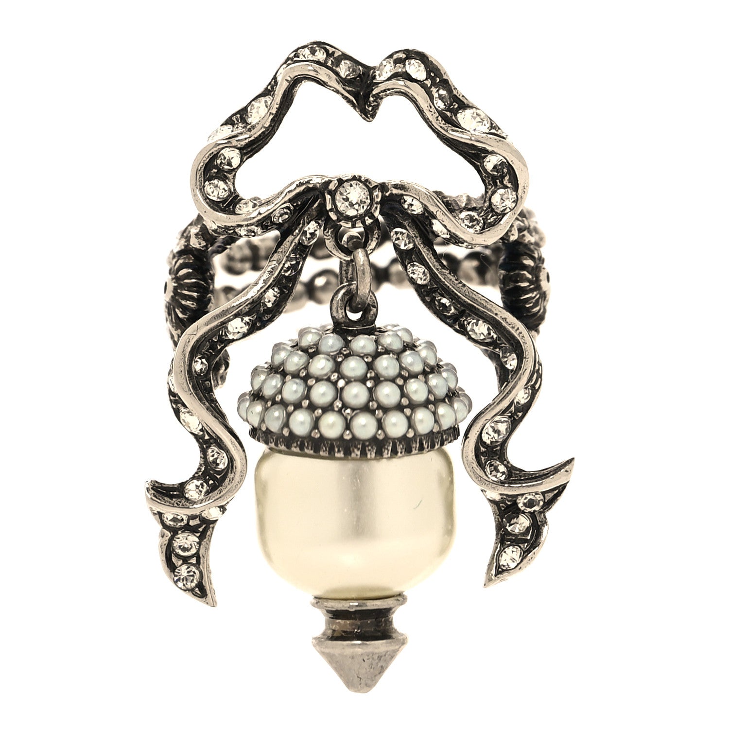 Gucci Metal Crystal Pearl Ring M 56/7.5 Silver 1 of 4