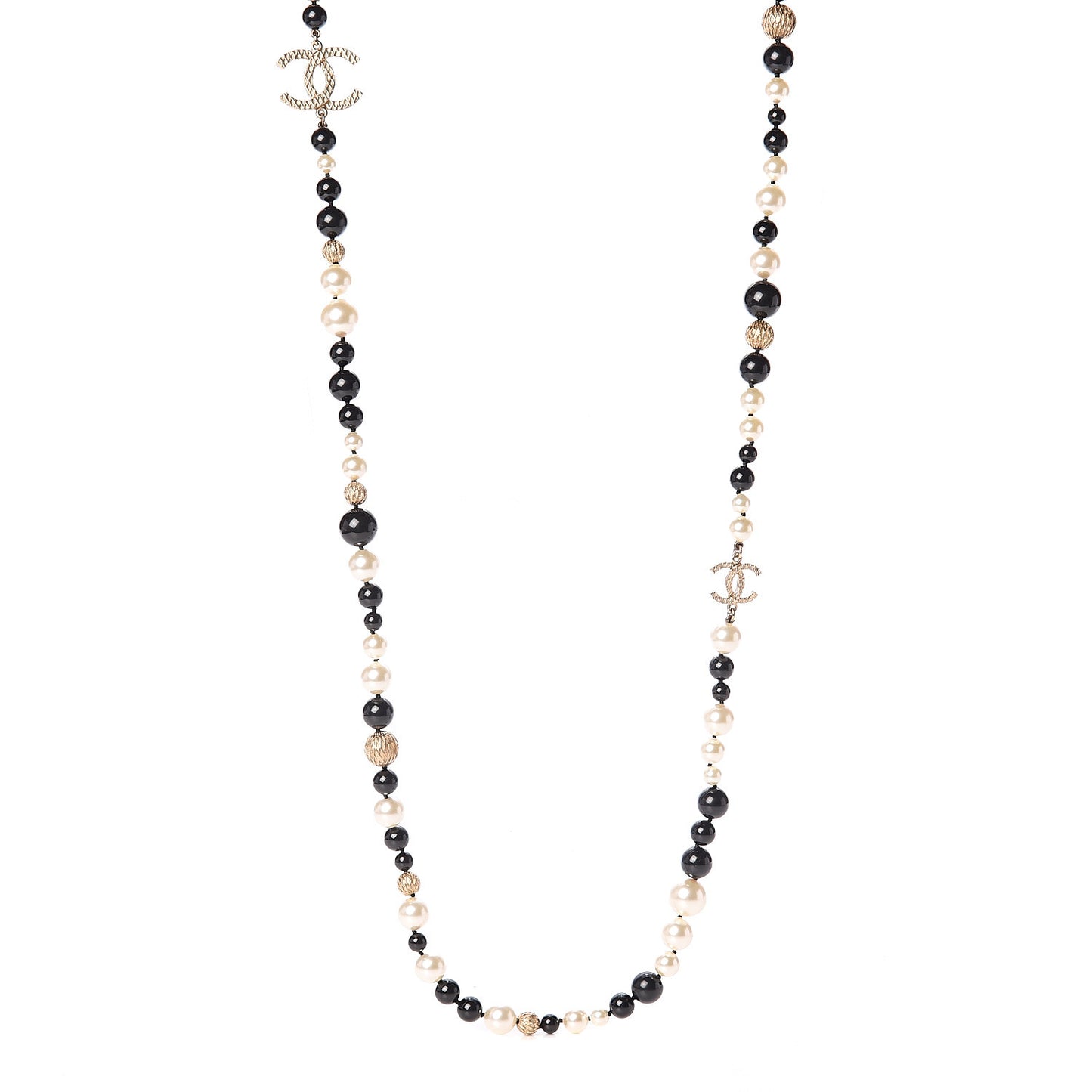 Metal Pearl Beaded Textured CC Long Necklace Gold Black White