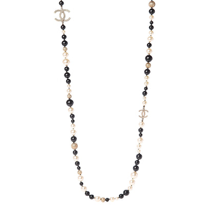 Chanel Metal Pearl Beaded Textured CC Long Necklace Gold Black White 1 of 3