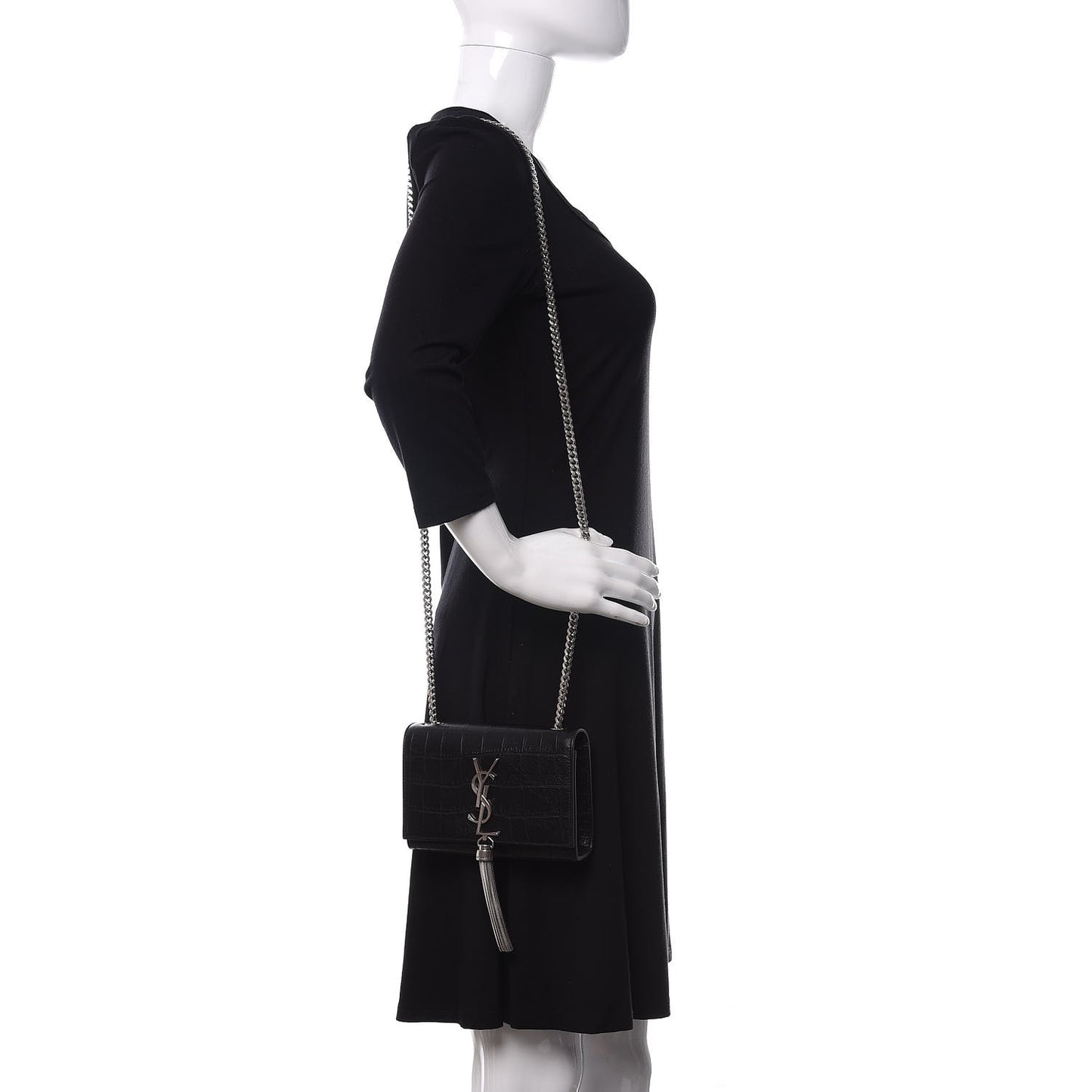 Calfskin Crocodile Embossed Monogram Small Kate Tassel Satchel Black