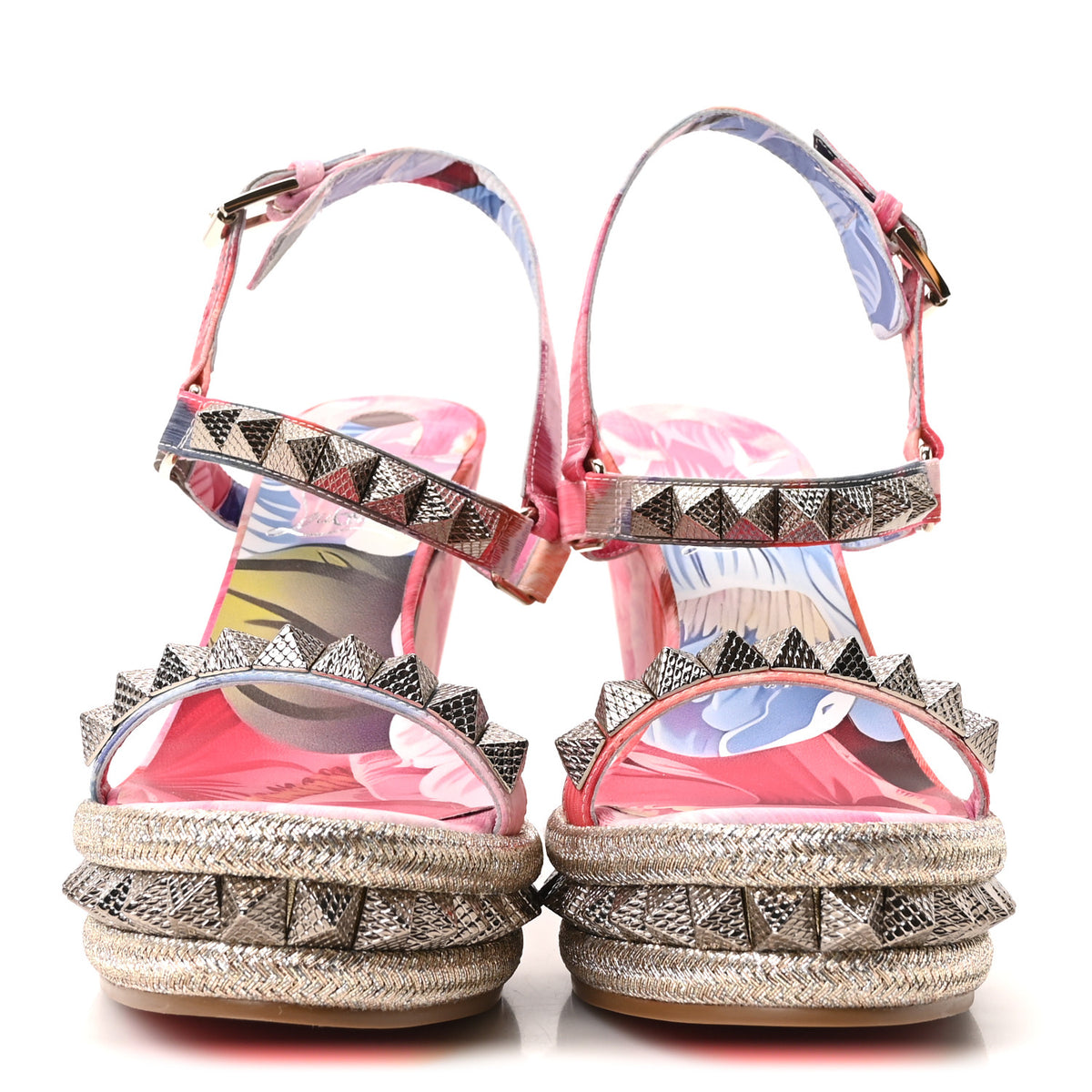 Christian Louboutin Silk Spike Studded Floral Chine Pyraclou 110 Wedge Sandals 39 Multicolor 3 of 9