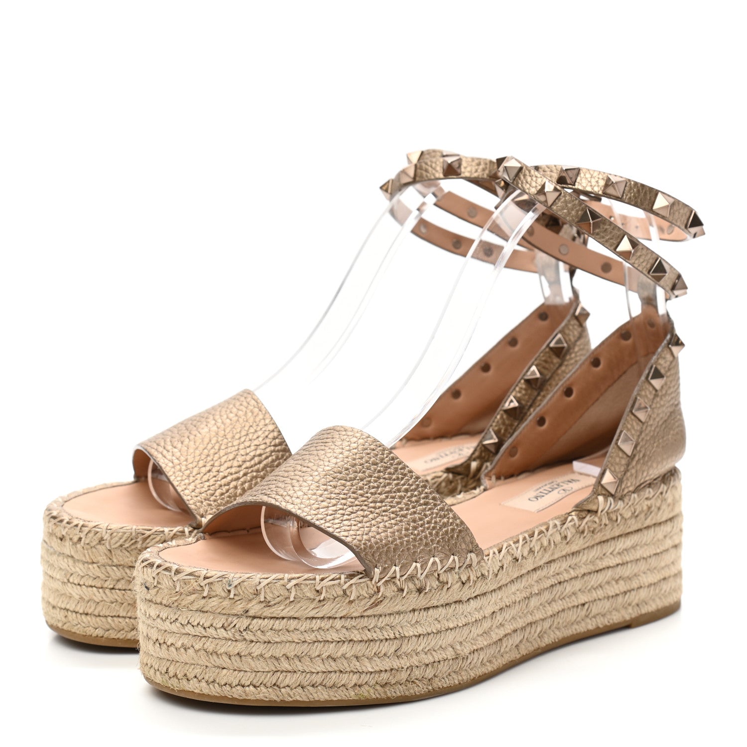 Valentino Garavani Metallic Grained Calfskin Rockstud Ankle Wrap Espadrille Flatform Sandals 38 Skin Natural 3 of 8