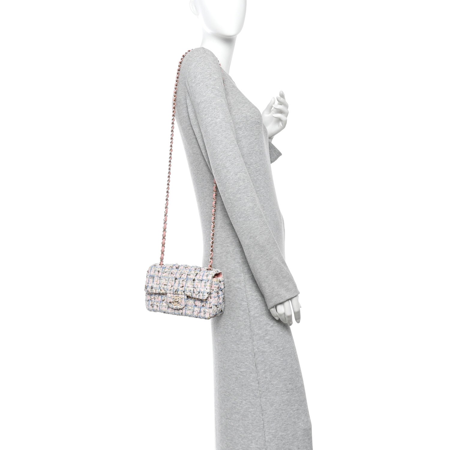 Chanel Tweed Quilted Mini Rectangular Flap Light Blue Pink Gold White 2 of 11