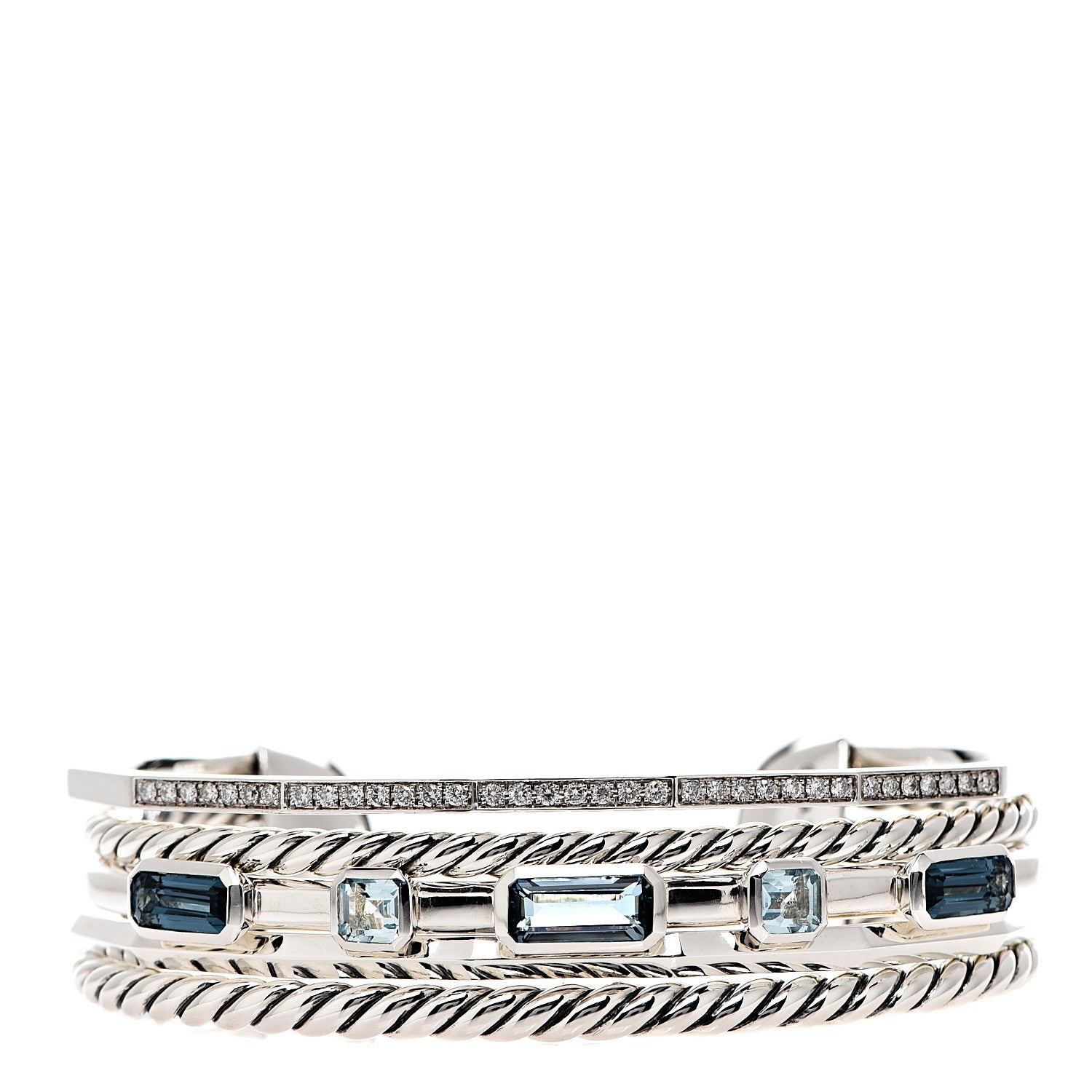 David Yurman Sterling Silver Diamond Hampton Blue Topaz 16.5mm Stax Color Cuff Bracelet 1 of 4