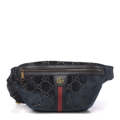 Gucci Velvet GG Monogram Web Belt Bag Blue Beige 1 of 10