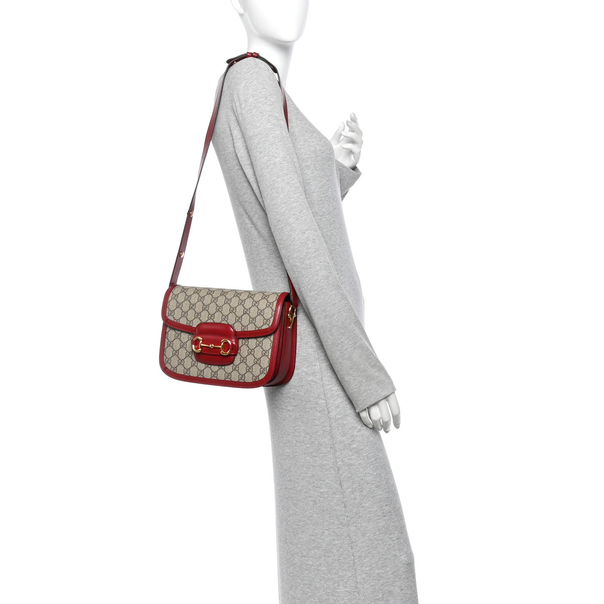 GG Supreme Monogram Azalea Calfskin Horsebit 1955 Shoulder Bag Beige Ebony New Cherry Red