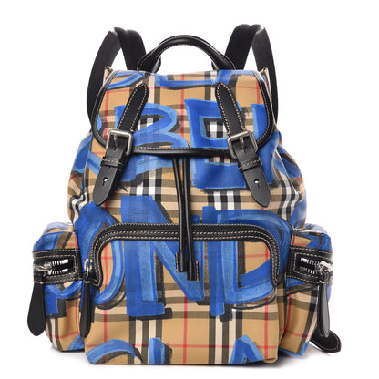 Burberry Vintage Check Graffiti Print Medium Rucksack Backpack Blue Antique Yellow 1 of 9