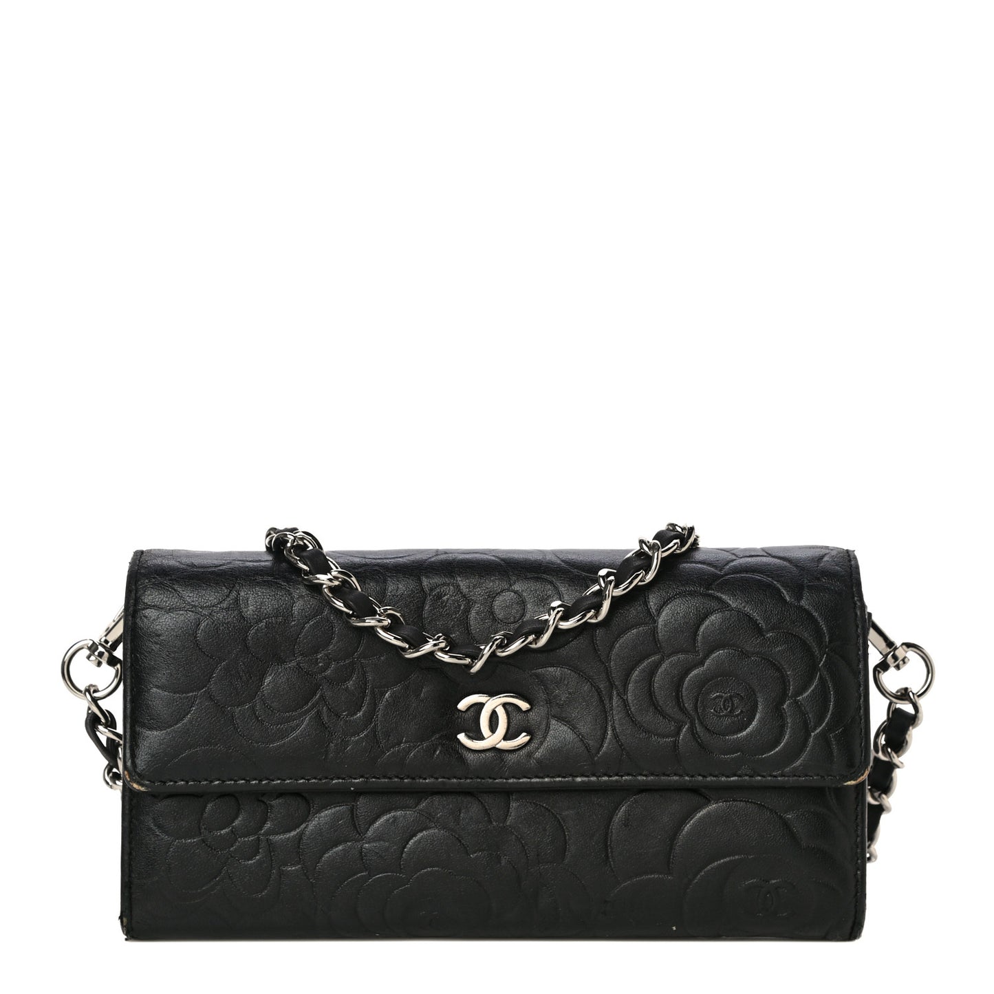 Lambskin Camellia Embossed Wallet on Chain WOC Black