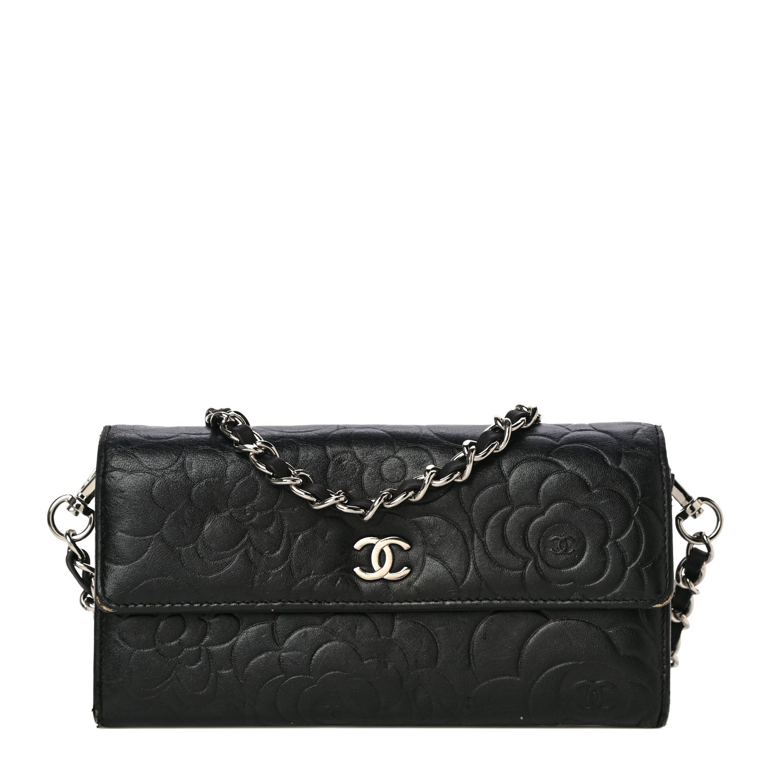 Chanel Lambskin Camellia Embossed Wallet on Chain WOC Black 1 of 29