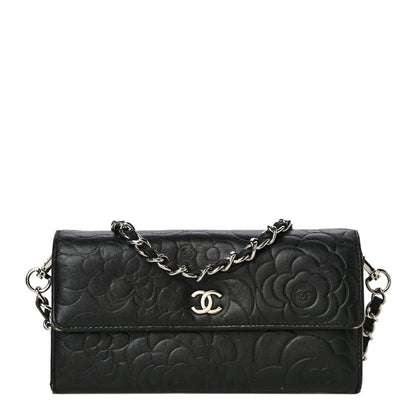 Chanel Lambskin Camellia Embossed Wallet on Chain WOC Black 1 of 29