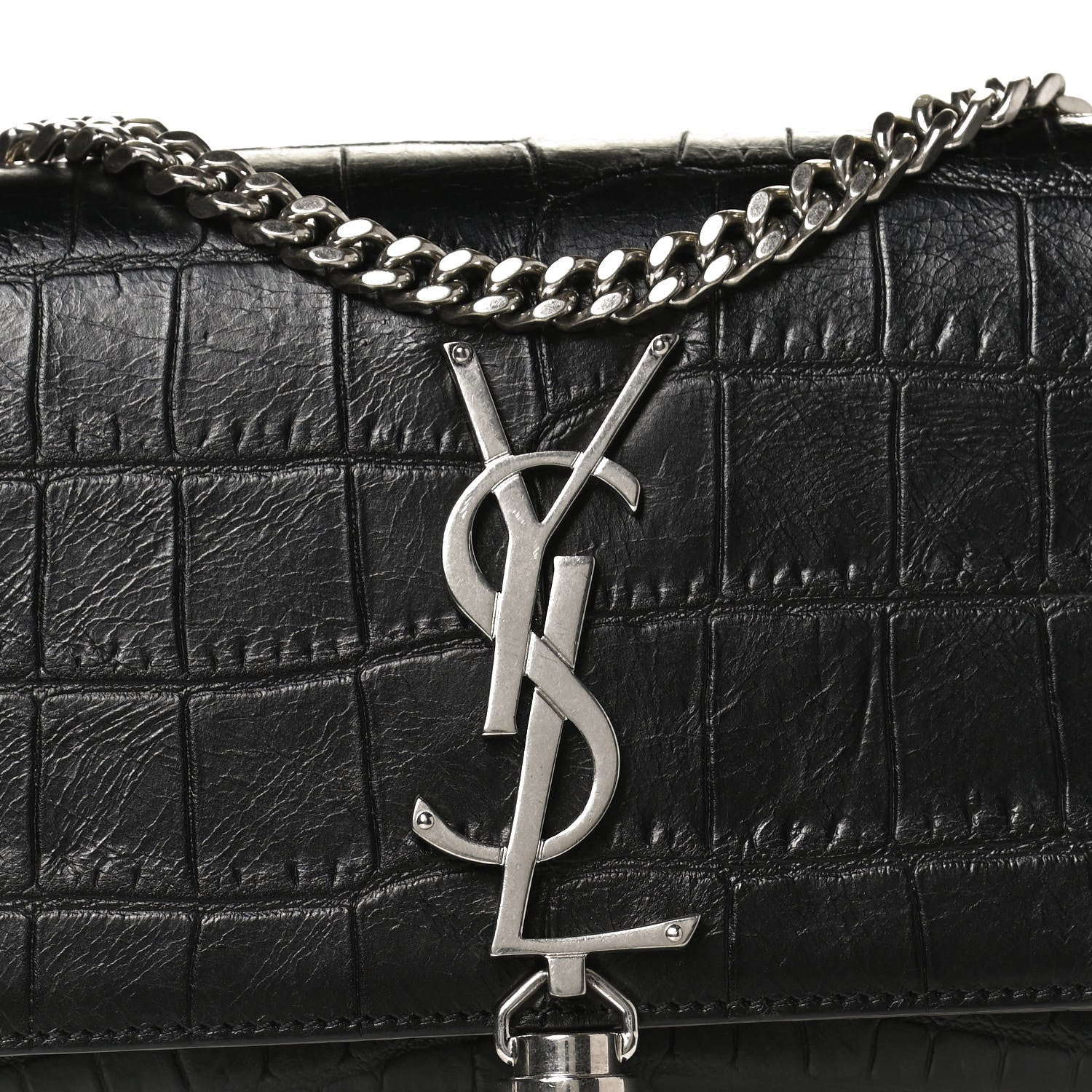 Saint Laurent Calfskin Crocodile Embossed Small Classic Monogram Kate Tassel Satchel Black 11 of 11