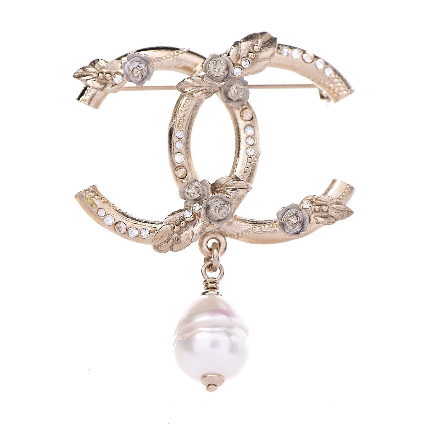 Crystal Pearl Drop CC Brooch Gold