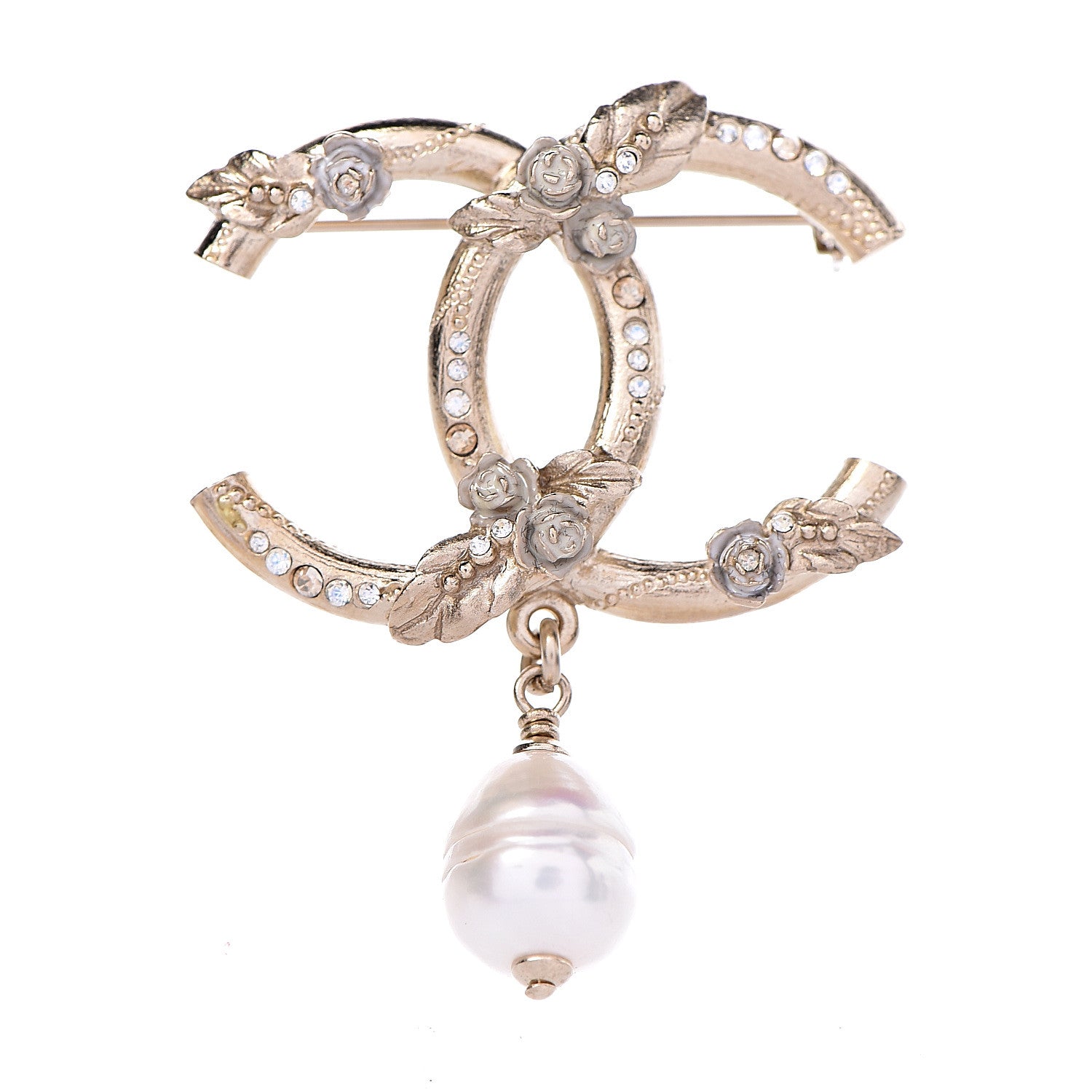 Chanel Crystal Pearl Drop CC Brooch Gold 1 of 4
