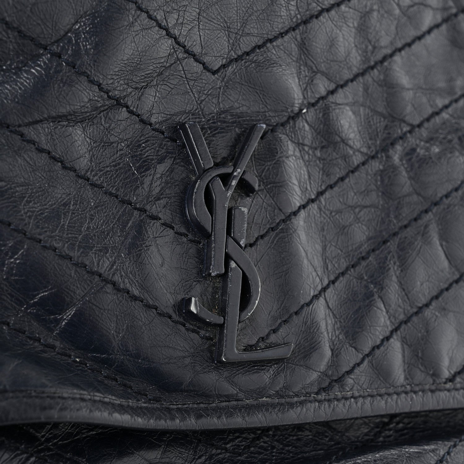 Saint Laurent Crinkled Calfskin Matelasse Monogram Large Niki Chain Satchel Deep Marine 15 of 16