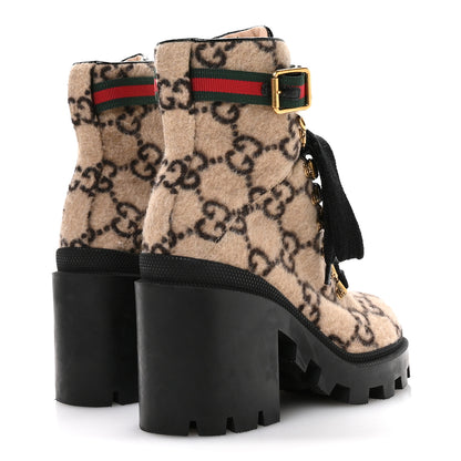 Gucci Covered Wool GG Monogram Womens Lace Up Combat Ankle Boots 35 Beige Ebony Black 5 of 8
