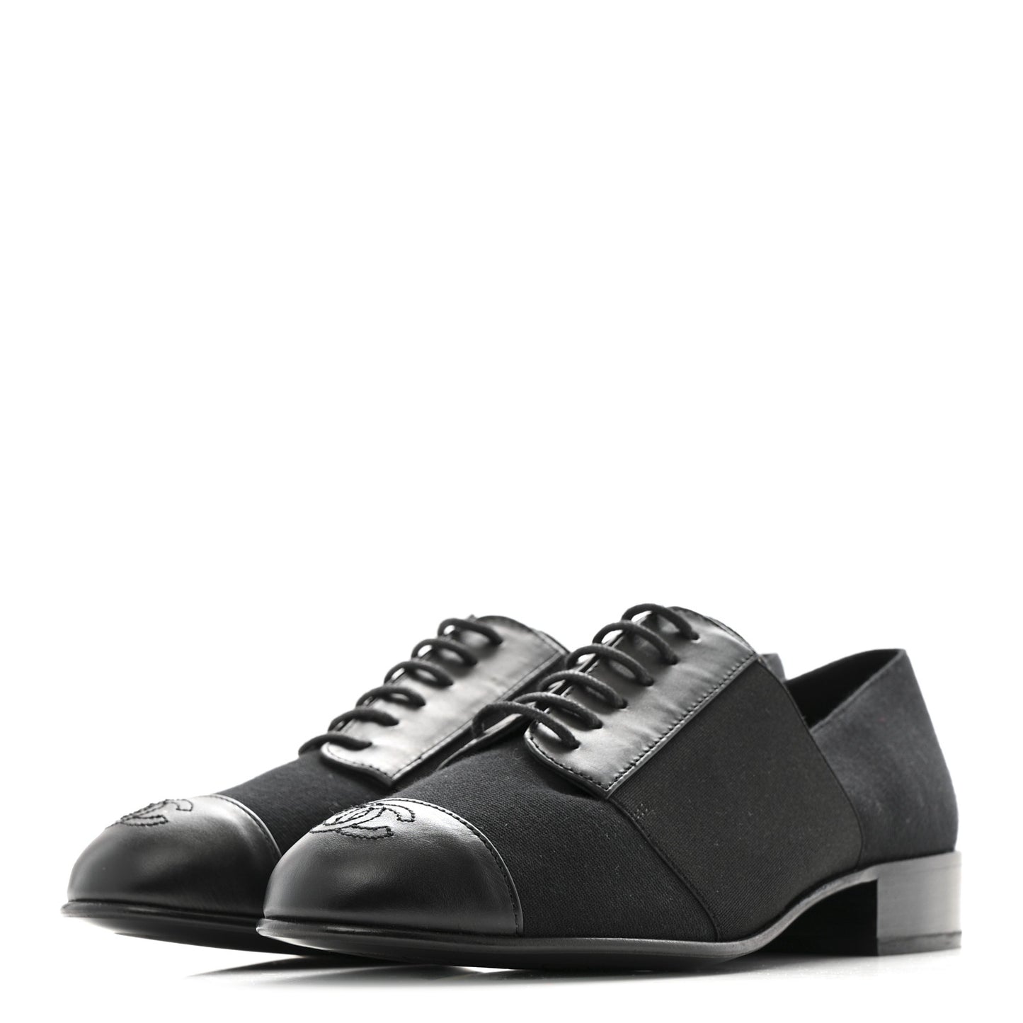 Calfskin Elastic Lace Up Cap Toe CC Loafers 37 Black