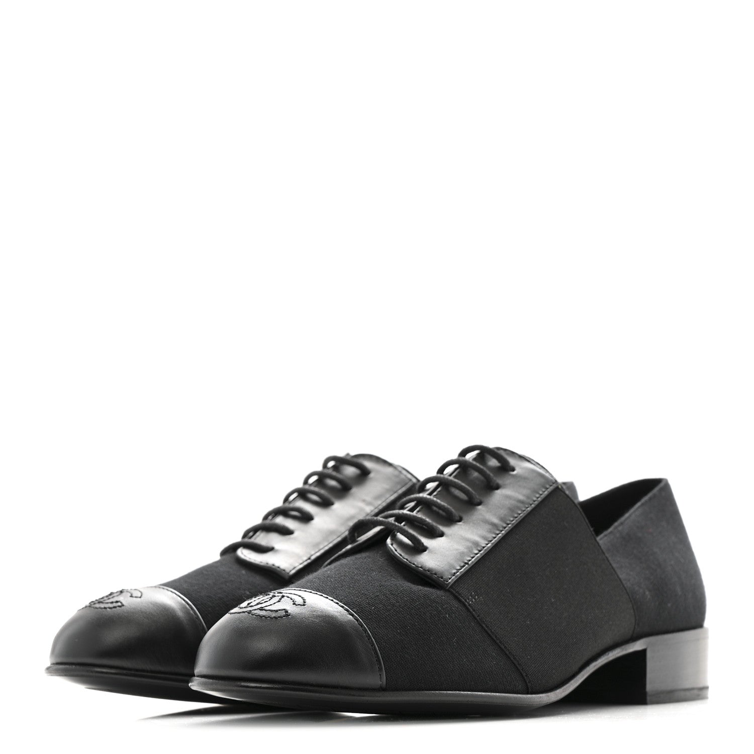 Chanel Calfskin Elastic Lace Up Cap Toe CC Loafers 37 Black 4 of 10