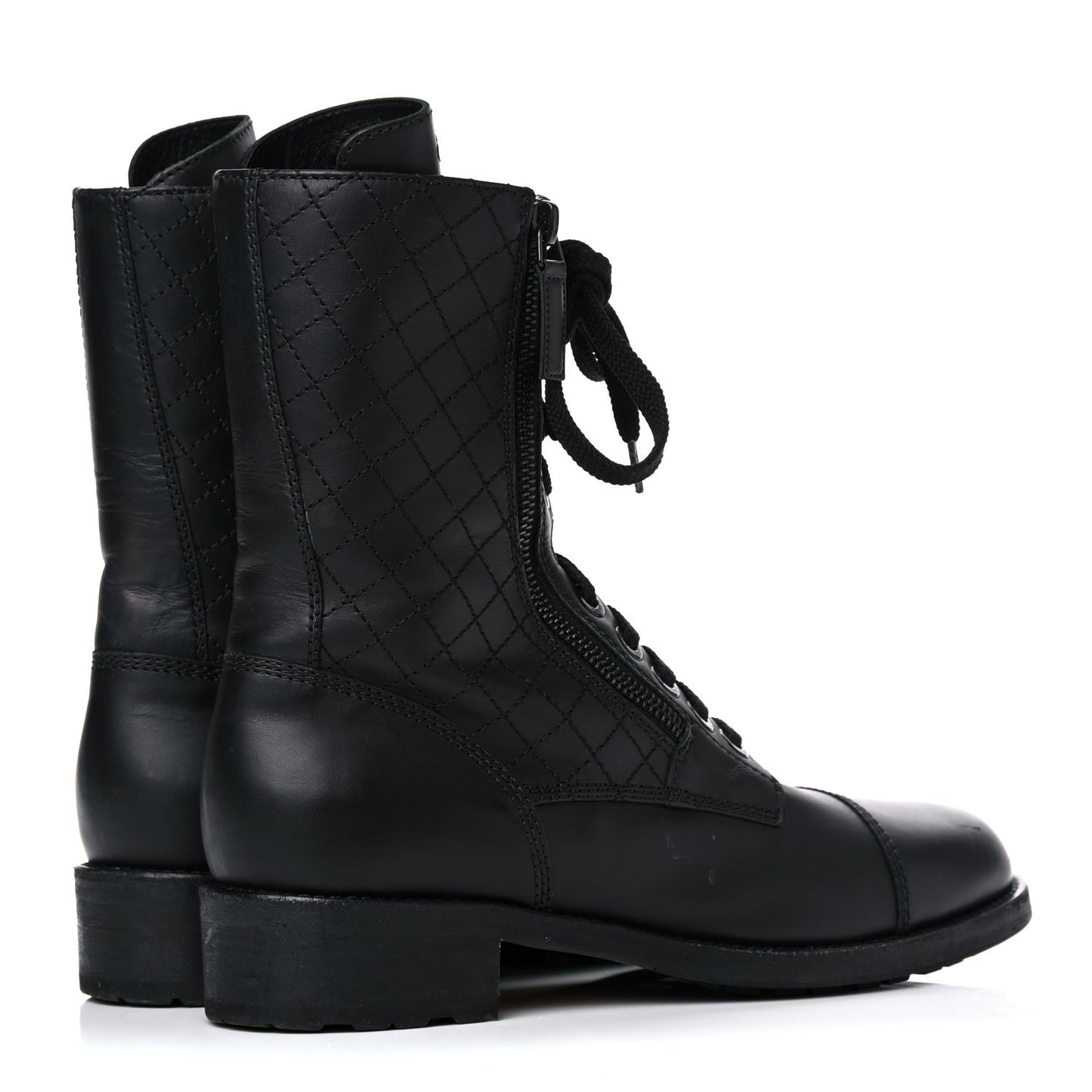 Calfskin Quilted Lace Up Combat Boots 40.5 Black