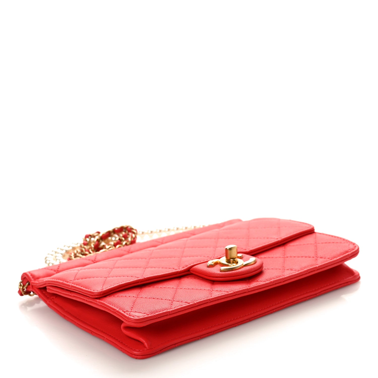Chanel Lambskin Quilted Large Pearl Chain Flap Bag Red 4 of 10