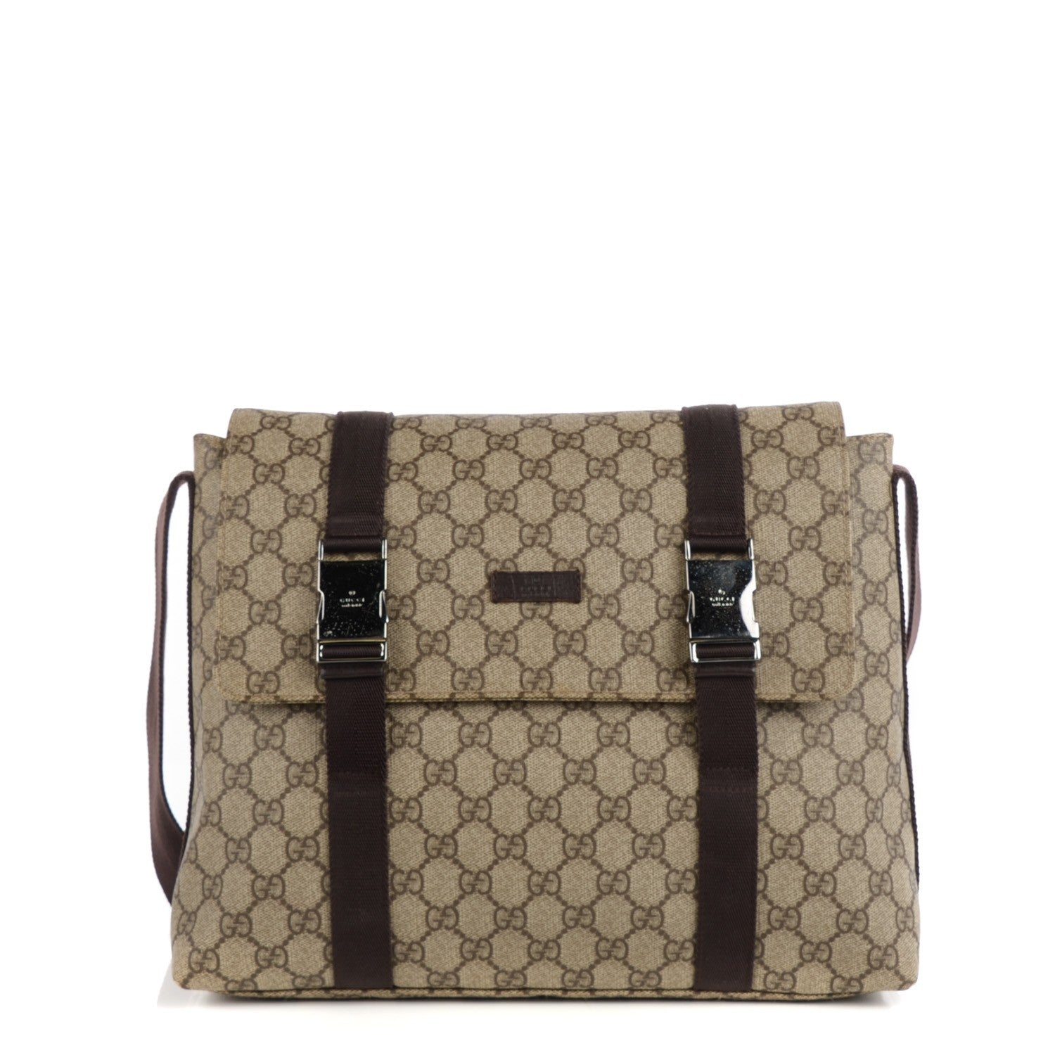 Gucci GG Plus Monogram Large Double Buckle Flap Messenger Bag Beige Dark Brown 1 of 8