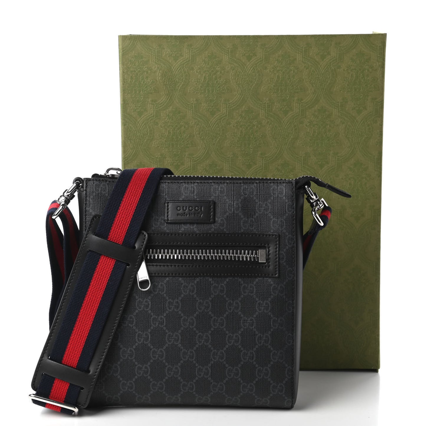 GG Supreme Monogram Web Small Flat Messenger Bag Black Grey