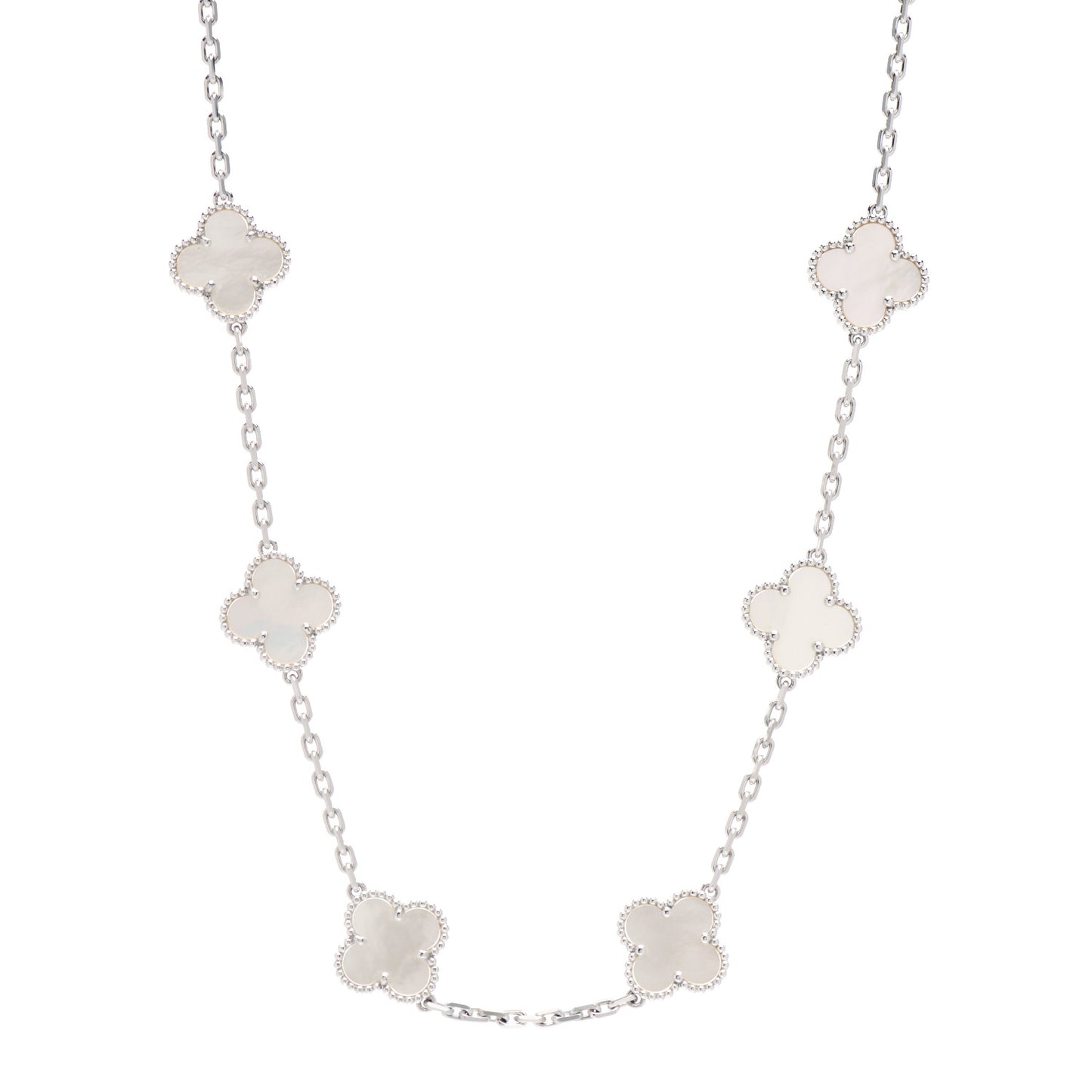18K White Gold Mother of Pearl 10 Motifs Vintage Alhambra Necklace