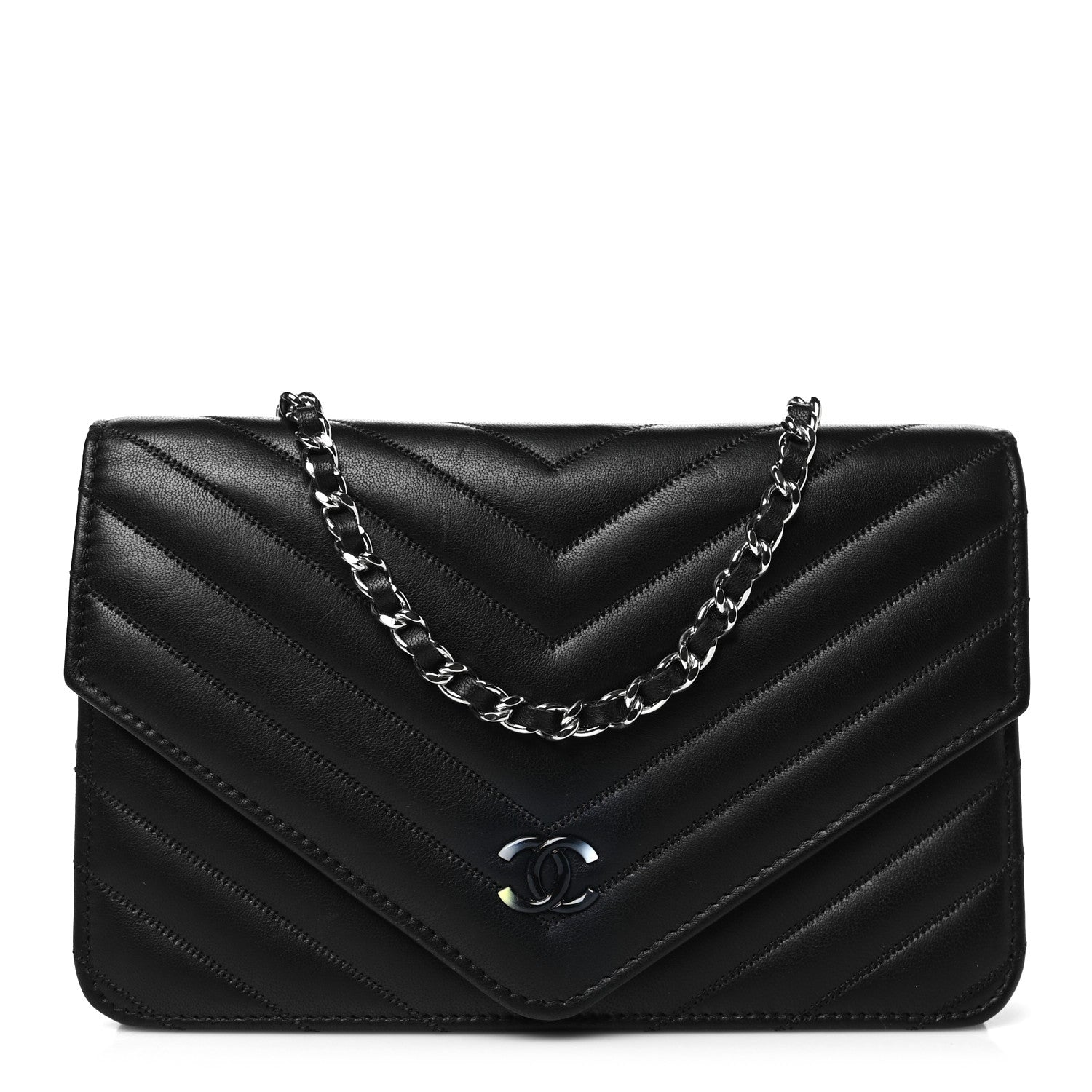 Chanel Sheepskin Chevron Wallet On Chain WOC Black 1 of 11