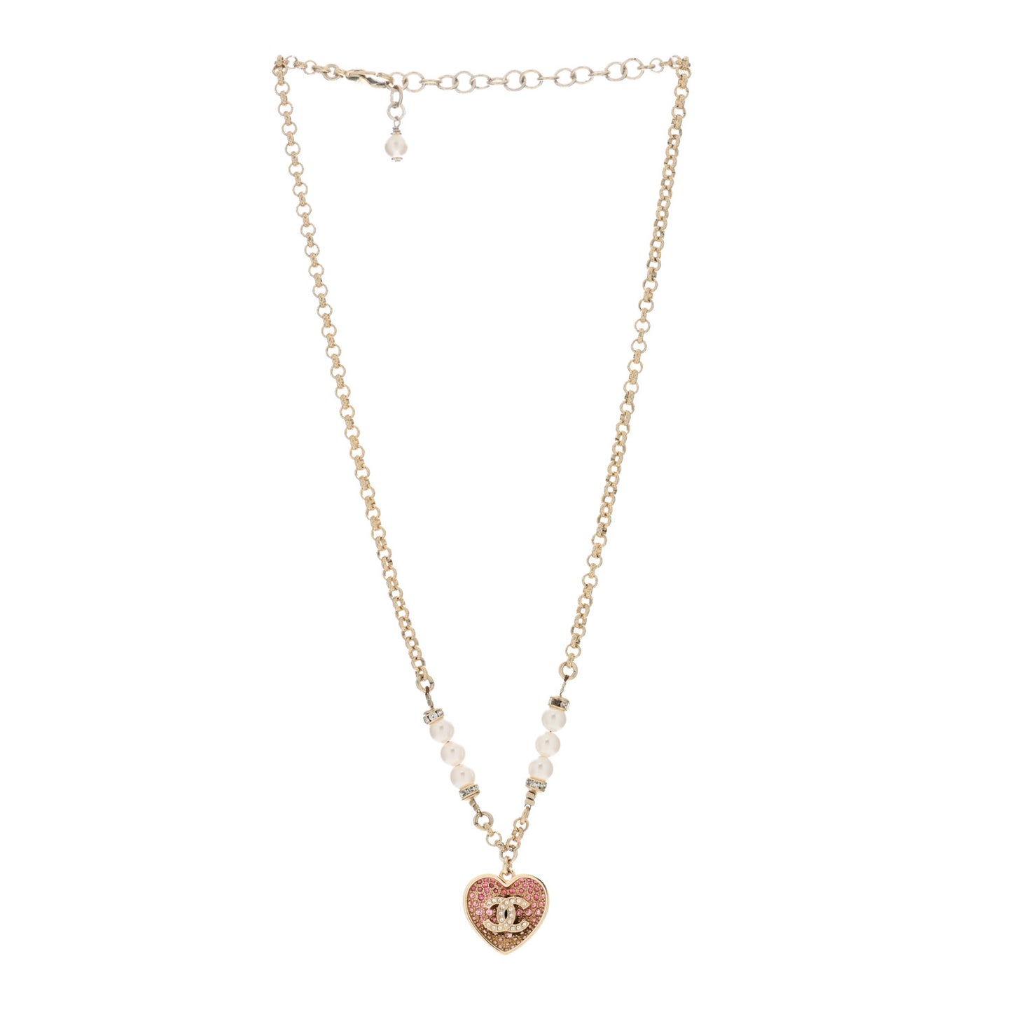 Resin Crystal Pearl Chain Heart CC Drop Necklace Pink White Gold