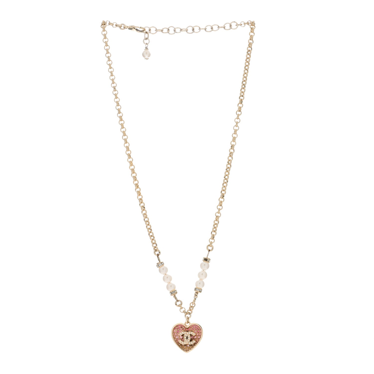 Chanel Resin Crystal Pearl Chain Heart CC Drop Necklace Pink White Gold 2 of 4