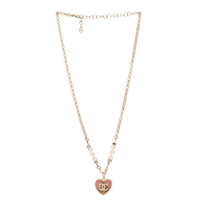 Chanel Resin Crystal Pearl Chain Heart CC Drop Necklace Pink White Gold 2 of 4
