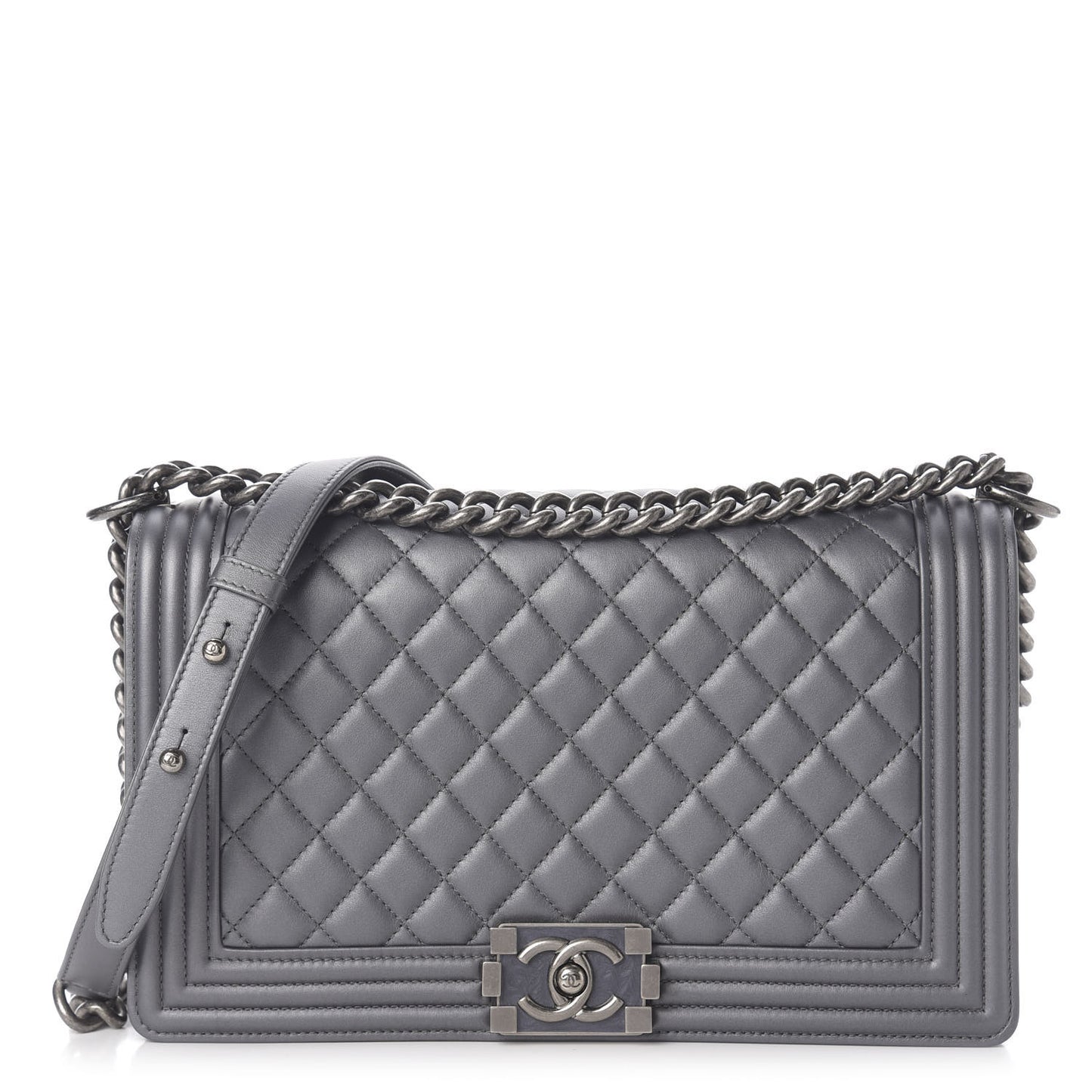 Metallic Calfskin Quilted New Medium Boy Flap Grey