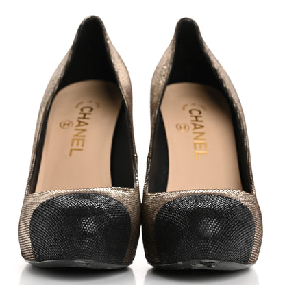 Chanel Textured Suede Cap Toe CC Pumps 38.5 Light Gold Black 3 of 10
