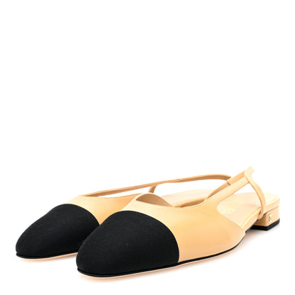 Chanel Goatskin Grosgrain CC Slingback Flats 39 Beige Black 2 of 8