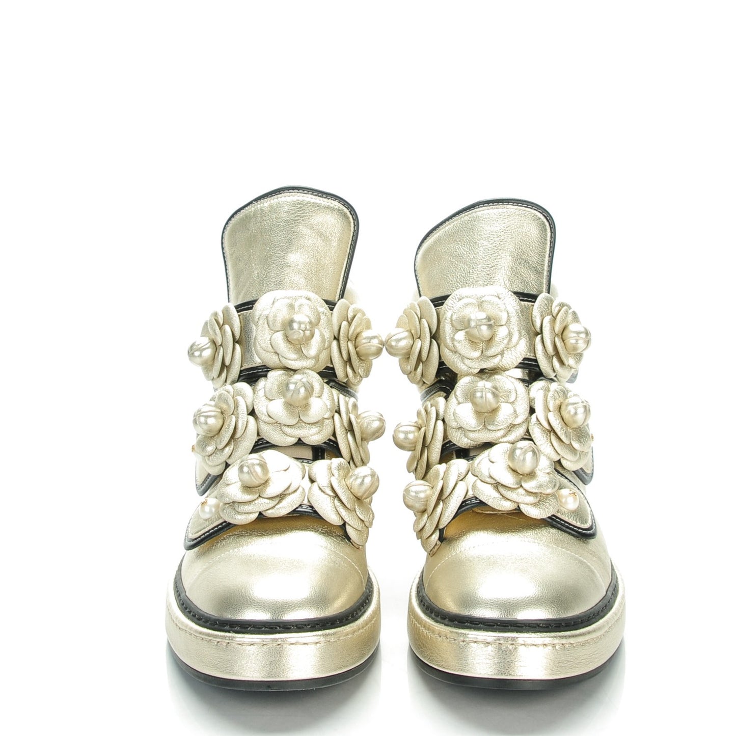 Metallic Lambskin Pearl Camellia High Top Sneakers 40 Gold