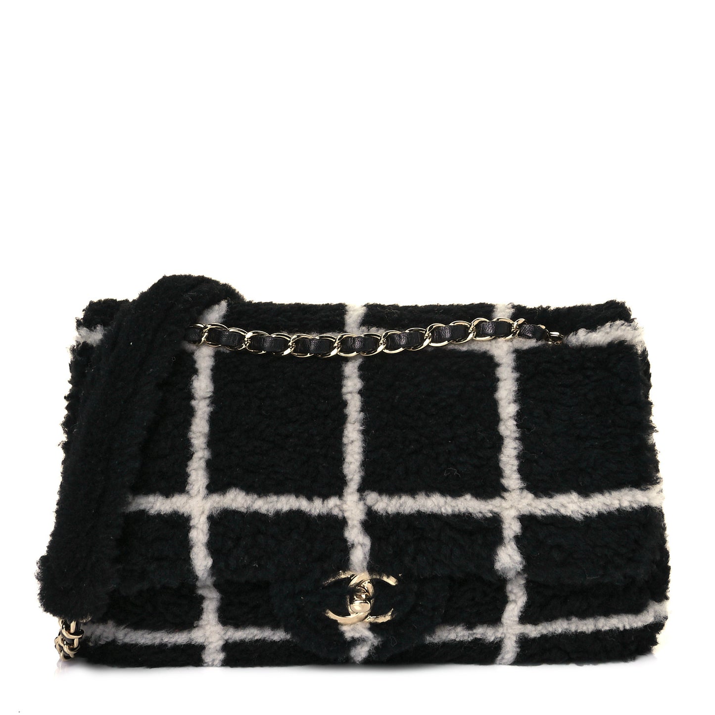 Shearling Lambskin Large Fluffy Tartan Single Flap Black White