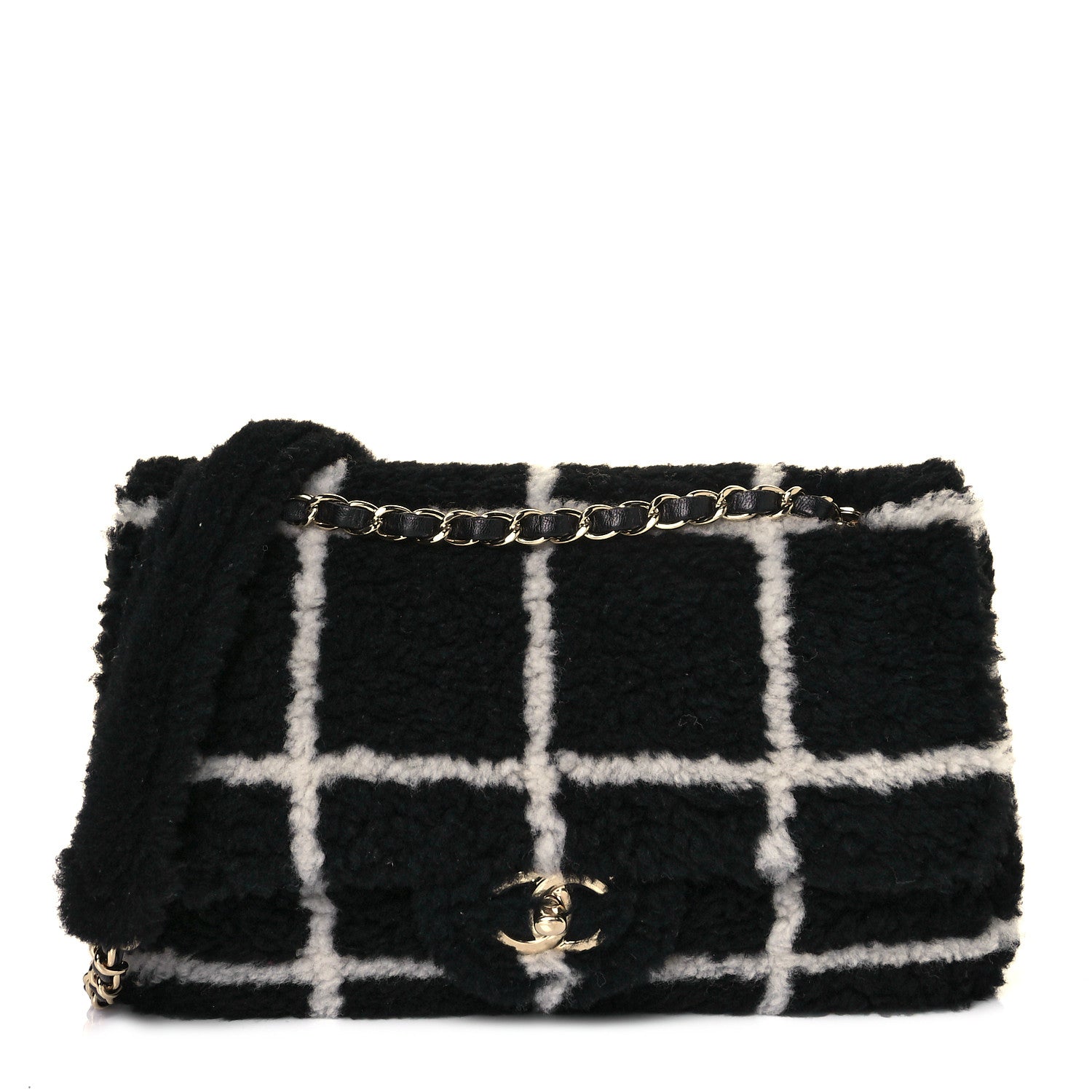 Chanel Shearling Lambskin Large Fluffy Tartan Single Flap Black White 1 of 11