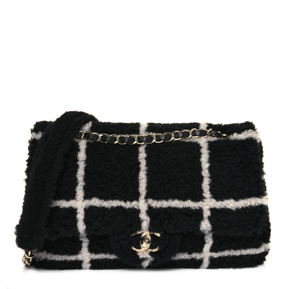 Chanel Shearling Lambskin Large Fluffy Tartan Single Flap Black White 1 of 11