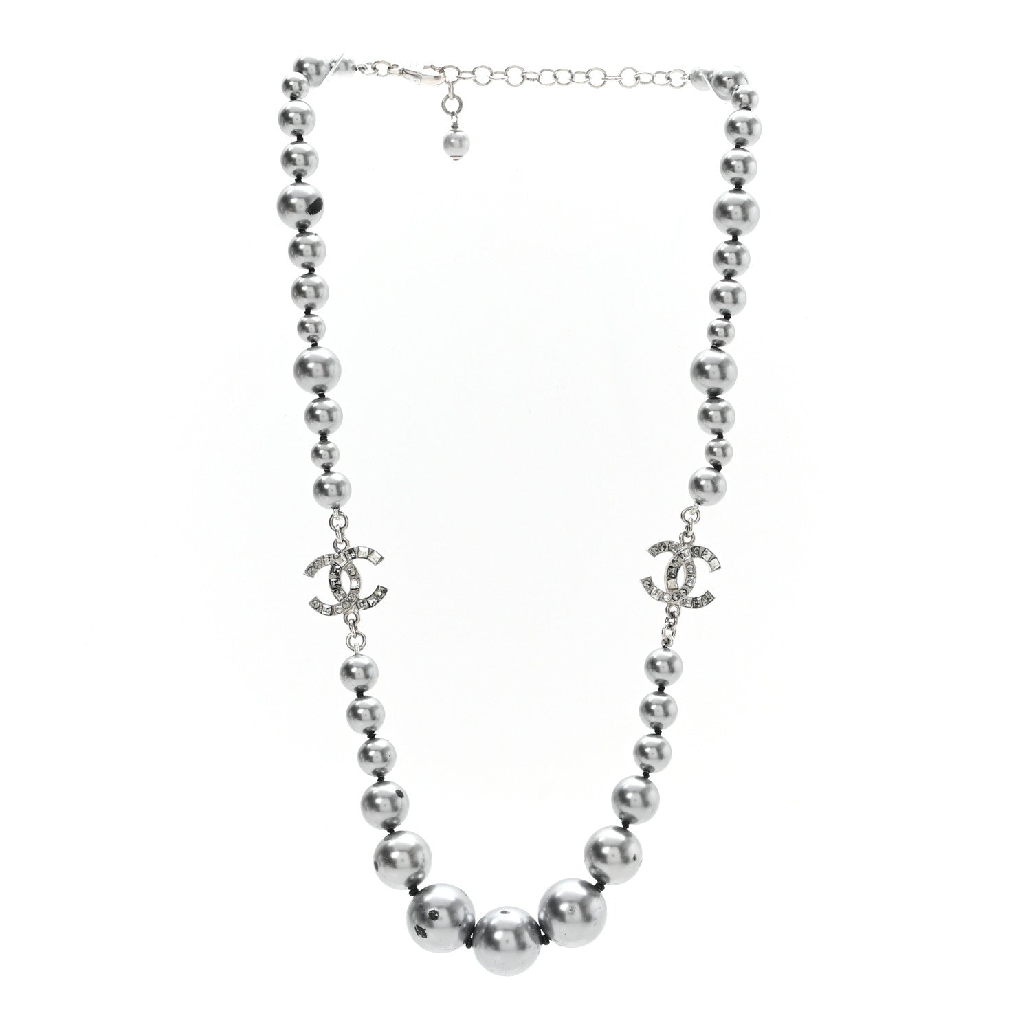 Chanel Crystal Baguette Graduated Pearl CC Short Necklace Silver Grey 3 of 5