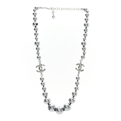 Chanel Crystal Baguette Graduated Pearl CC Short Necklace Silver Grey 3 of 5