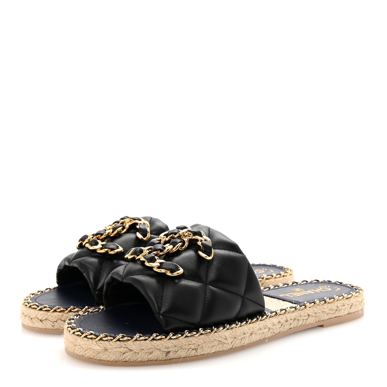 Chanel Lambskin Quilted CC Chain Espadrille Mules 38 Black Navy 4 of 10
