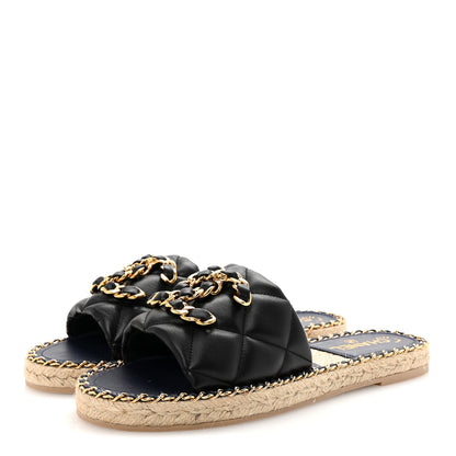 Chanel Lambskin Quilted CC Chain Espadrille Mules 38 Black Navy 4 of 10