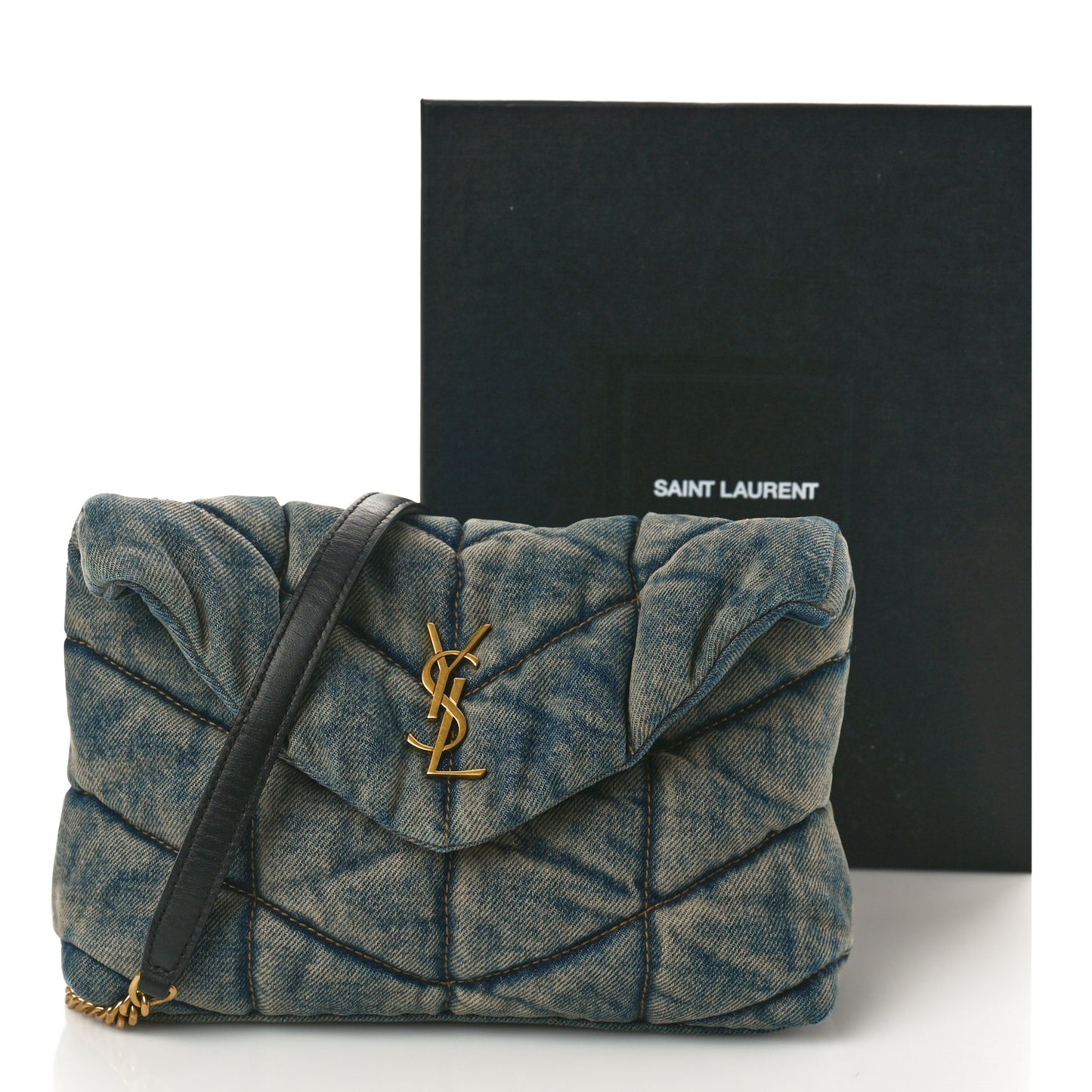 Denim Quilted Toy Loulou Puffer Monogram Chain Satchel Blue Black