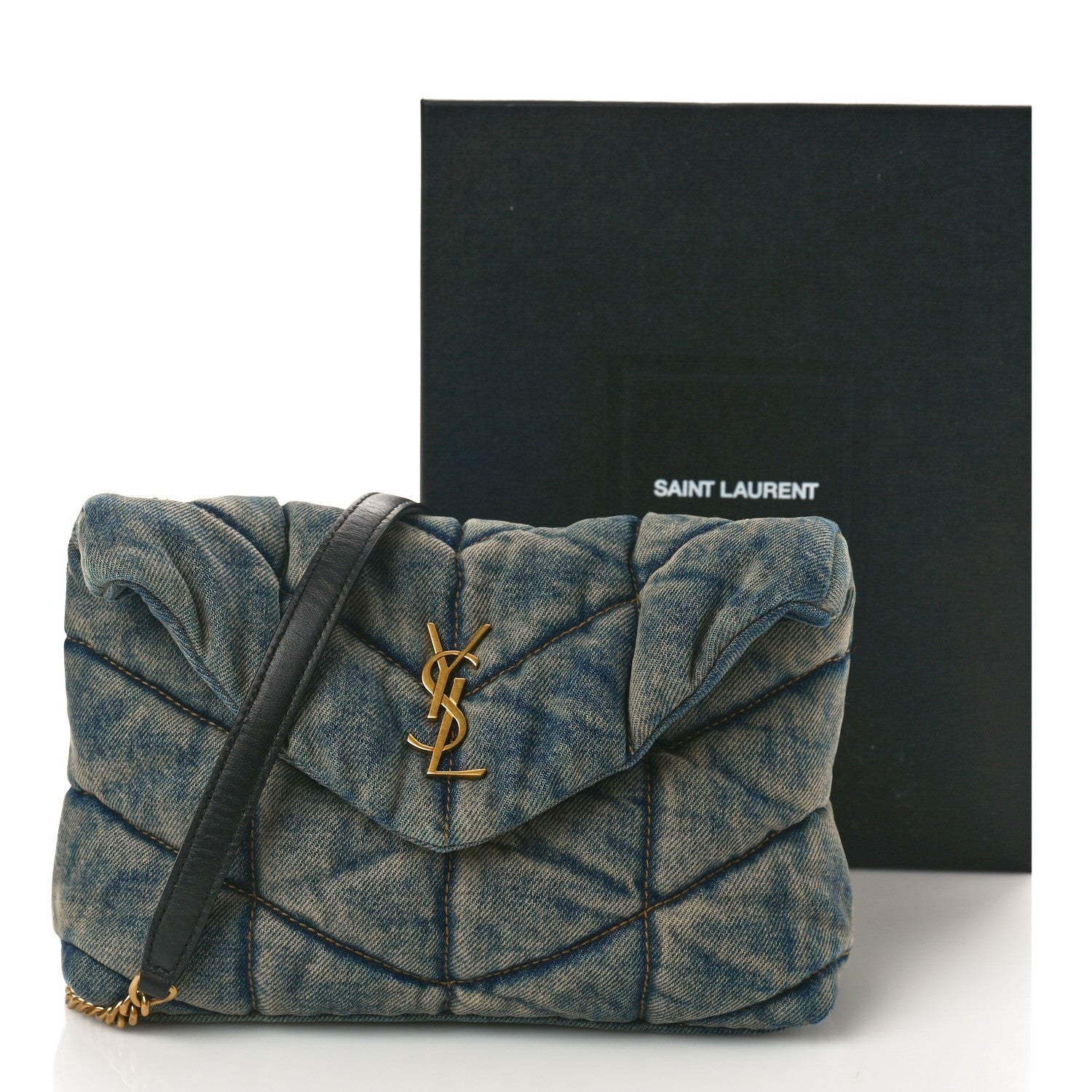 Saint Laurent Denim Quilted Toy Loulou Puffer Monogram Chain Satchel Blue Black 10 of 10