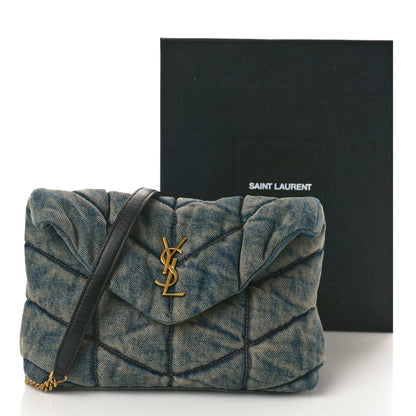 Saint Laurent Denim Quilted Toy Loulou Puffer Monogram Chain Satchel Blue Black 10 of 10