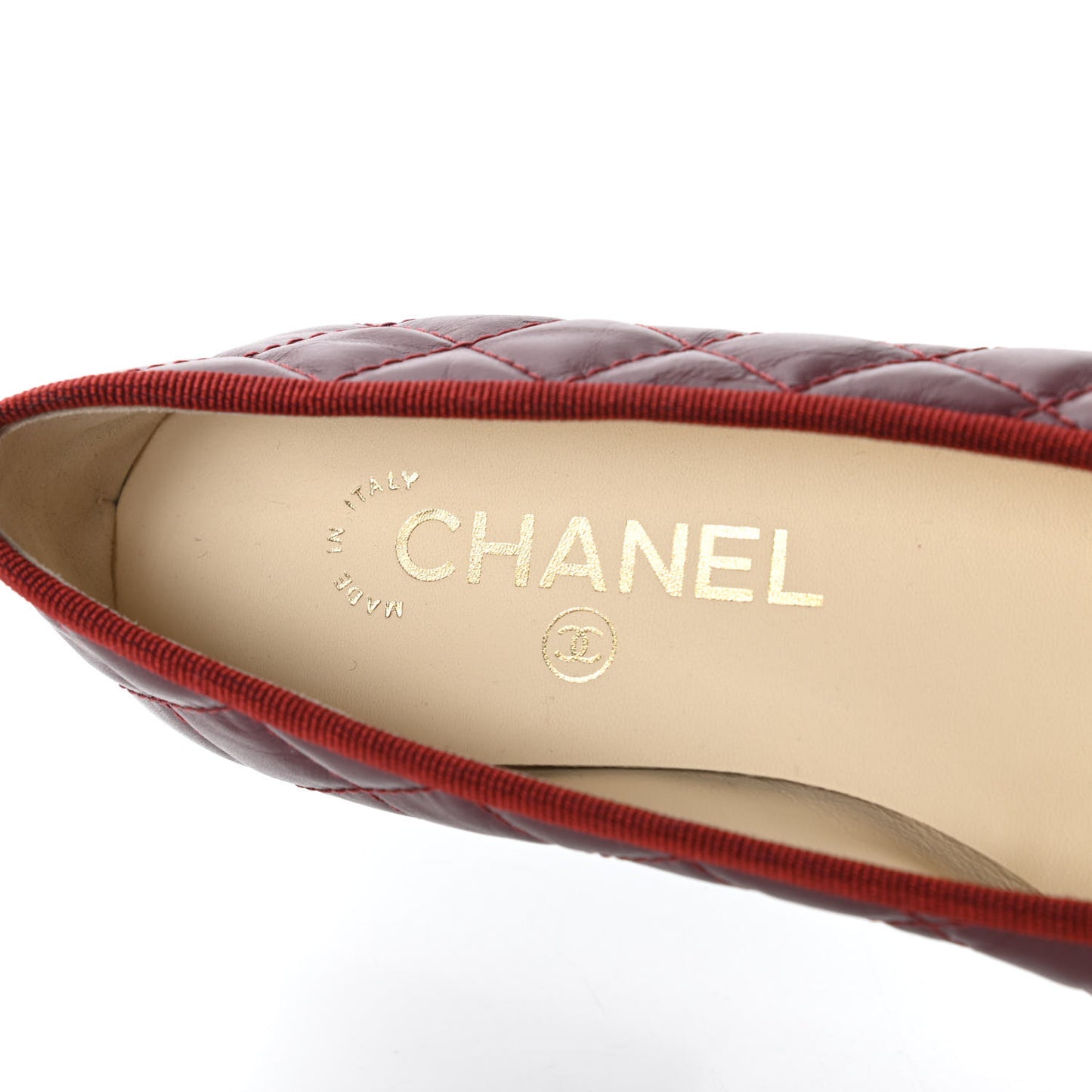 Aged Calfskin Quilted CC Cap Toe Ballerina Flats 35.5 Burgundy
